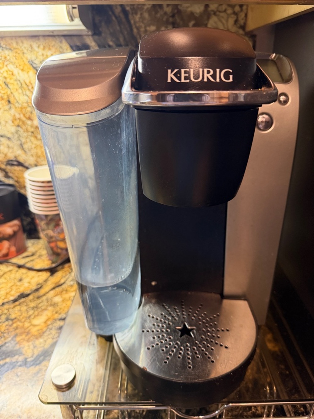 Keurig Single-Serve Coffee Maker in Black and Silver with Clear Reservoir